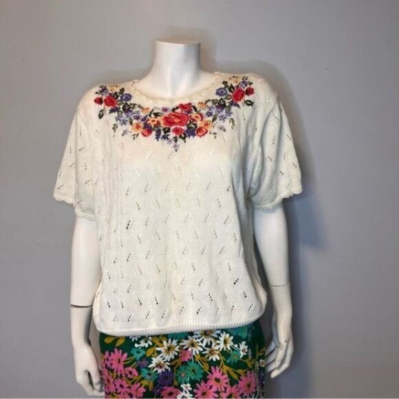 Vintage Short Sleeve Lightweight Hand Embroidered Open Knitted Sweater Size L - Picture 3 of 10